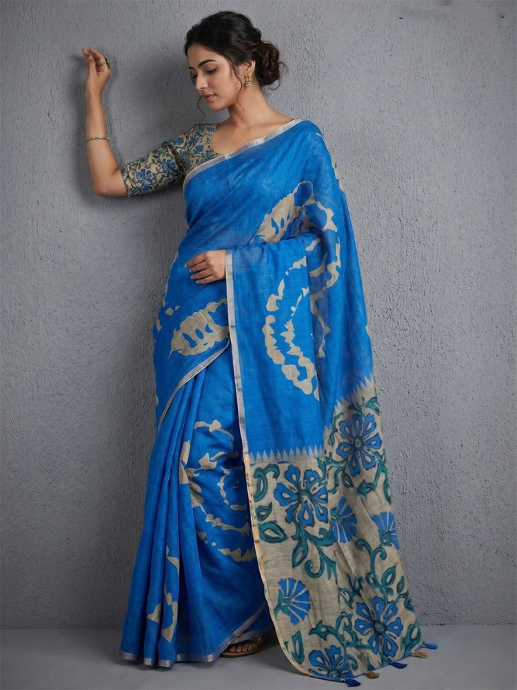 Image of Sky Blue Soft cotton based Linen Fancy Kalamkari Print Zari border Wedding Reception Party Festival Casual Heavy Border Sarees