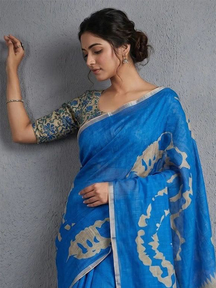 Sky Blue Soft cotton based Linen Fancy Kalamkari Print Zari border Wedding Reception Party Festival Casual Heavy Border Sarees