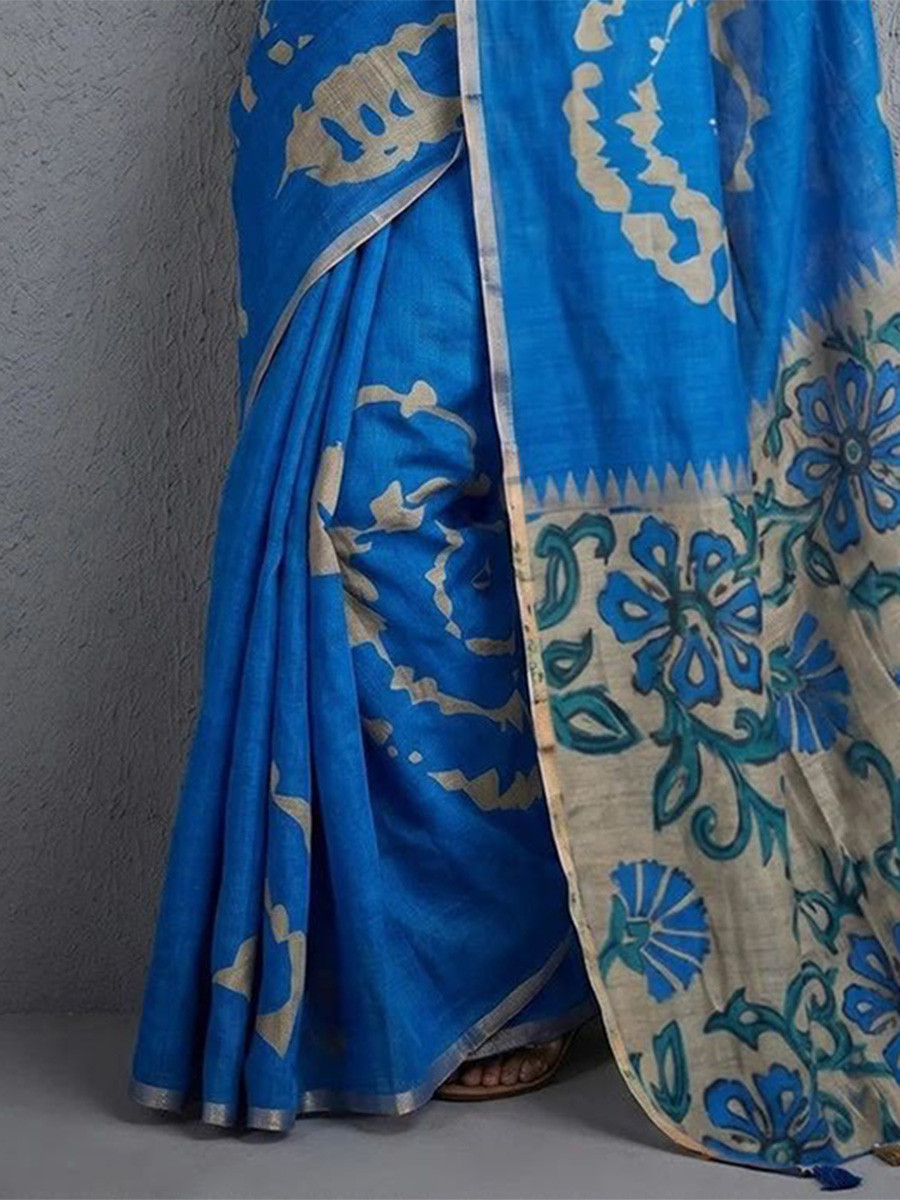 Sky Blue Soft cotton based Linen Fancy Kalamkari Print Zari border Wedding Reception Party Festival Casual Heavy Border Sarees