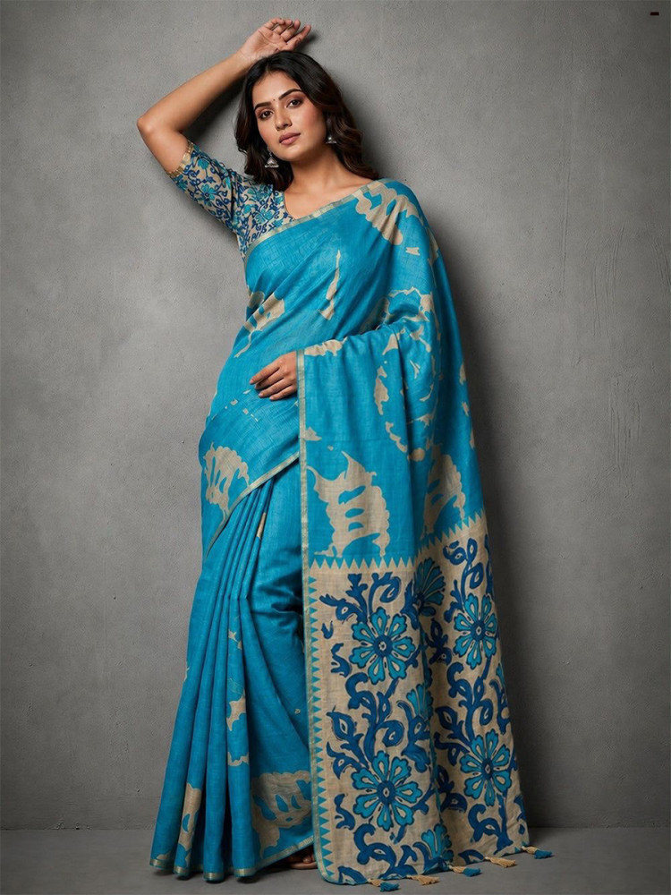 Image of Sky Blue Soft cotton based Linen Fancy Kalamkari Print Zari border Wedding Reception Party Festival Casual Heavy Border Sarees
