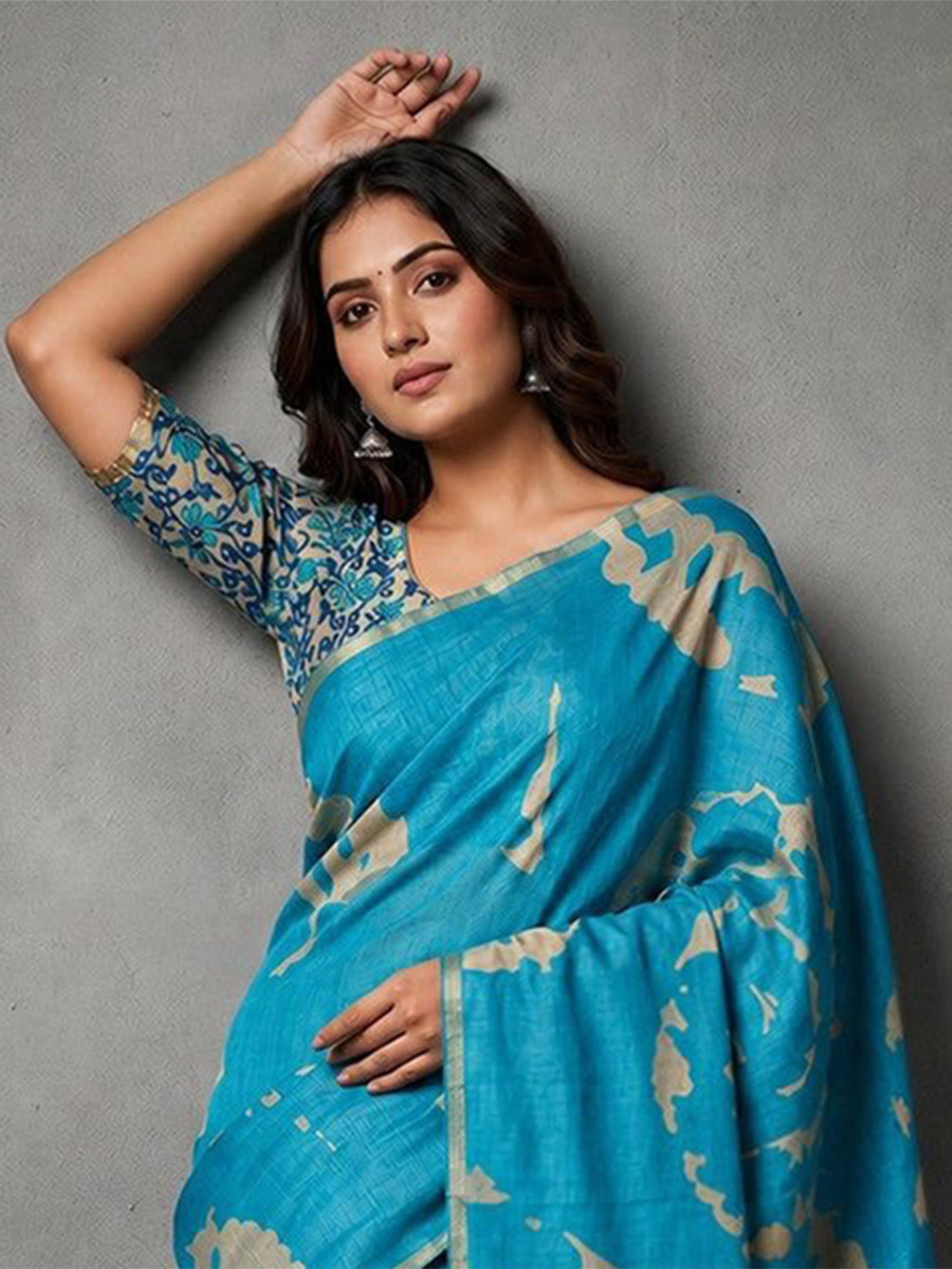 Sky Blue Soft cotton based Linen Fancy Kalamkari Print Zari border Wedding Reception Party Festival Casual Heavy Border Sarees
