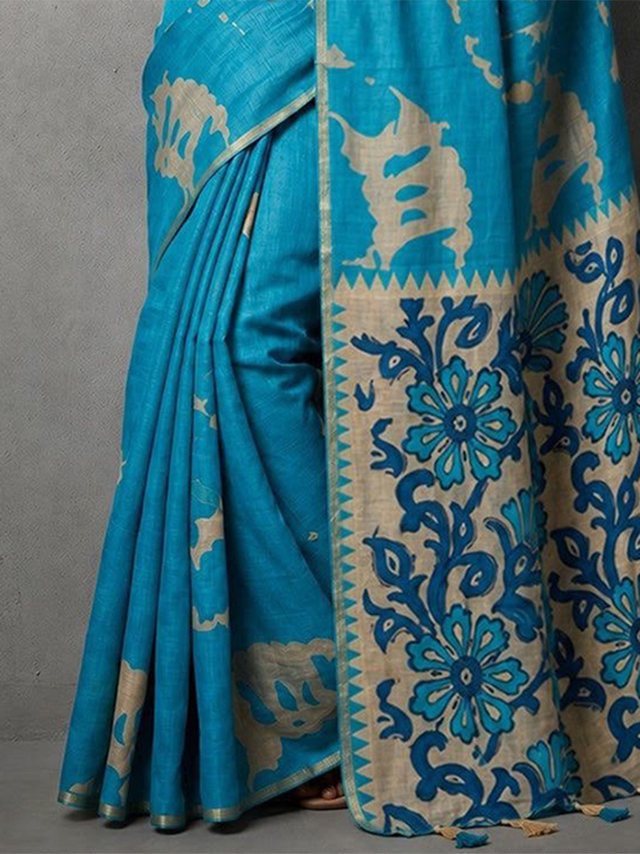 Sky Blue Soft cotton based Linen Fancy Kalamkari Print Zari border Wedding Reception Party Festival Casual Heavy Border Sarees