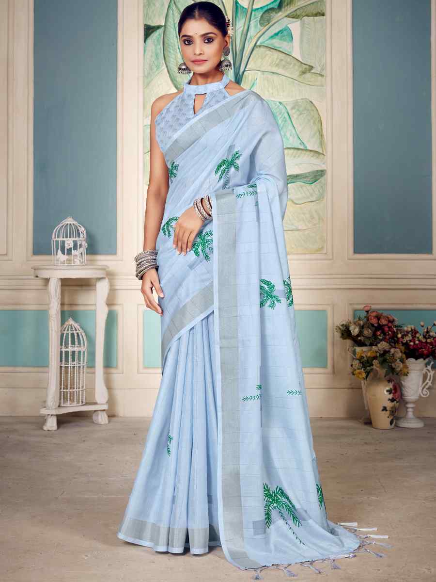 Sky Blue Soft Cotton Handwoven Casual Festival Classic Style Saree