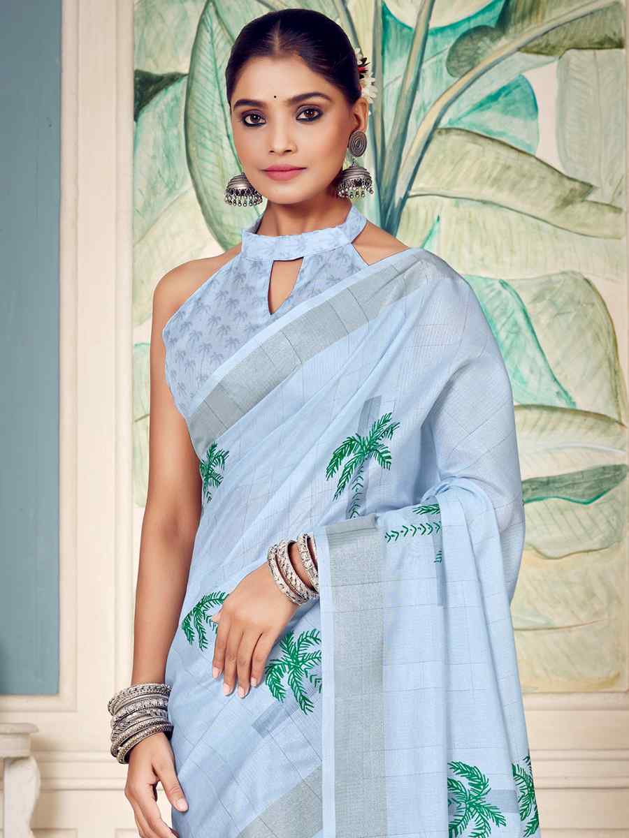Sky Blue Soft Cotton Handwoven Casual Festival Classic Style Saree