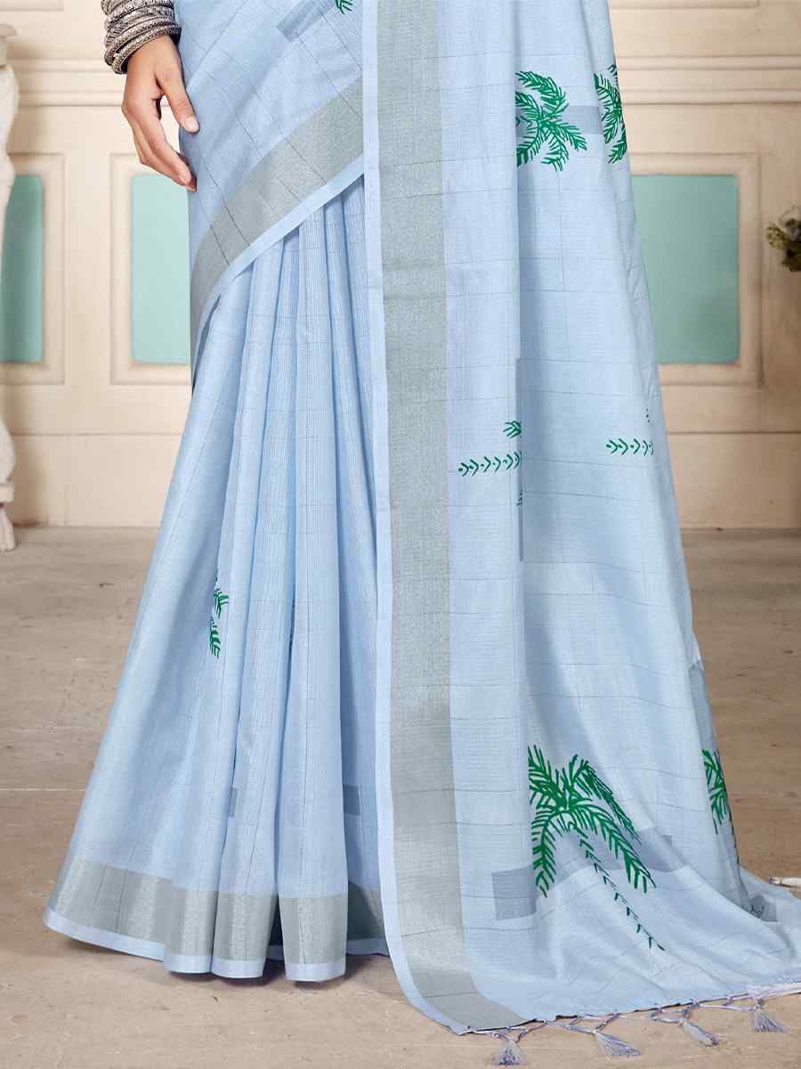 Sky Blue Soft Cotton Handwoven Casual Festival Classic Style Saree