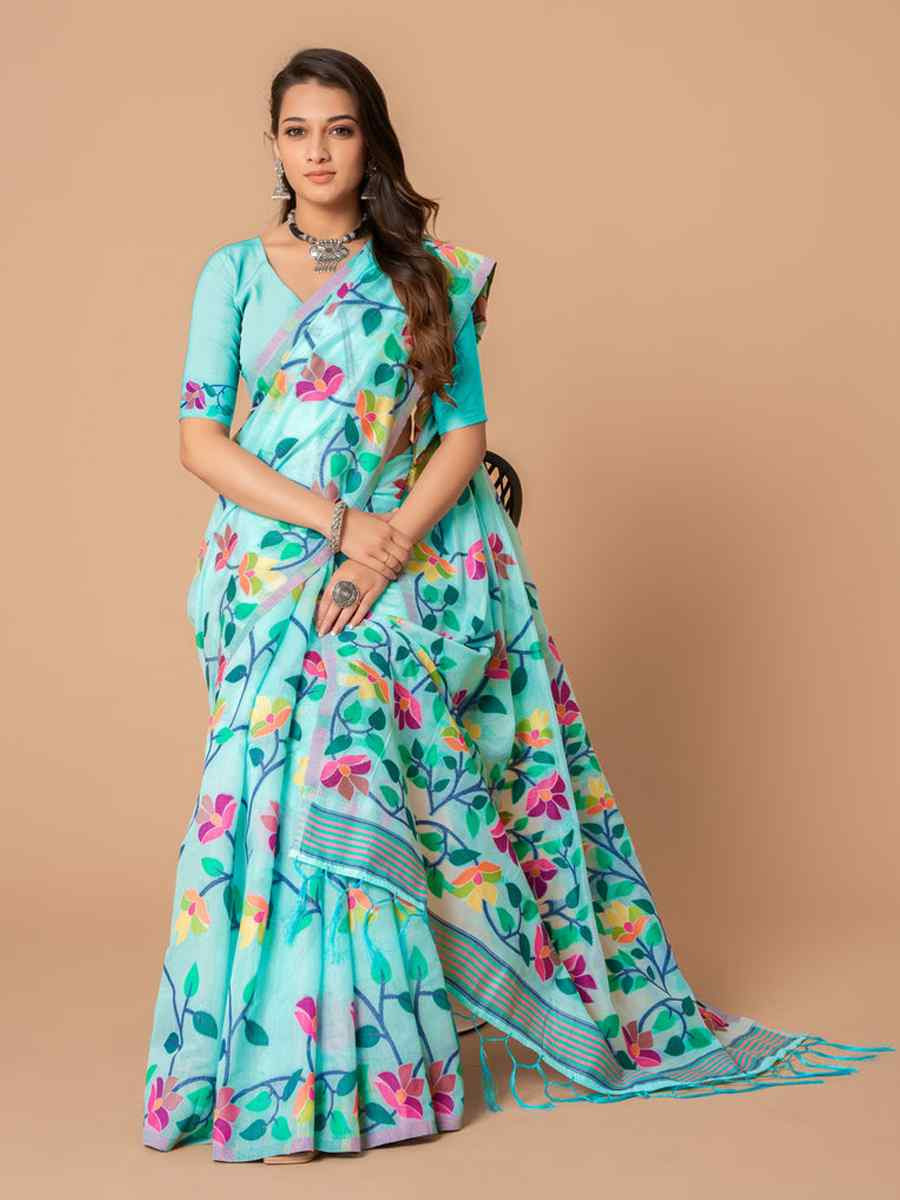Sky Blue Soft Cotton Printed Festival Wedding Fancy Casual Contemporary Saree