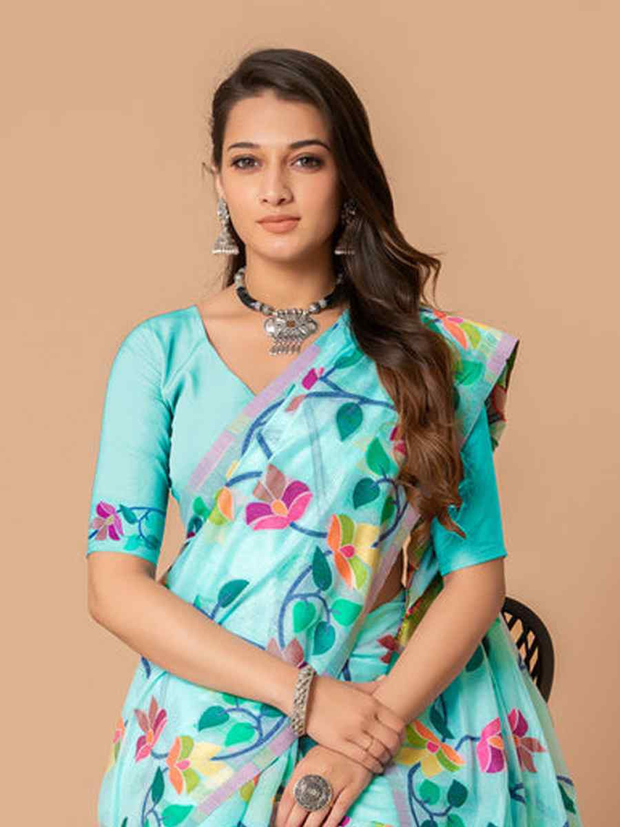 Sky Blue Soft Cotton Printed Festival Wedding Fancy Casual Contemporary Saree