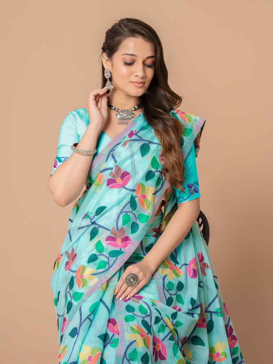 Sky Blue Soft Cotton Printed Festival Wedding Fancy Casual Contemporary Saree