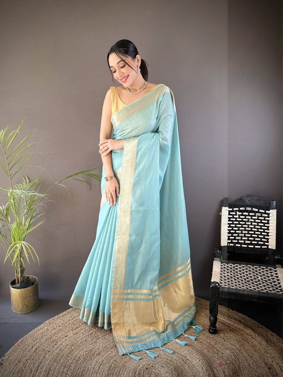 Sky Blue Soft Cotton Zari Wedding Reception Party Festival Heavy Border Sarees