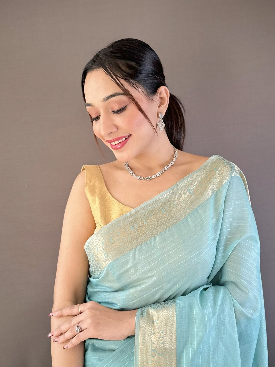 Sky Blue Soft Cotton Zari Wedding Reception Party Festival Heavy Border Sarees