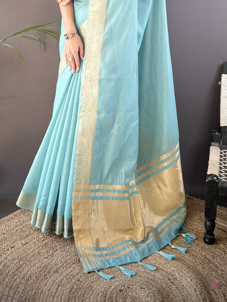 Sky Blue Soft Cotton Zari Wedding Reception Party Festival Heavy Border Sarees