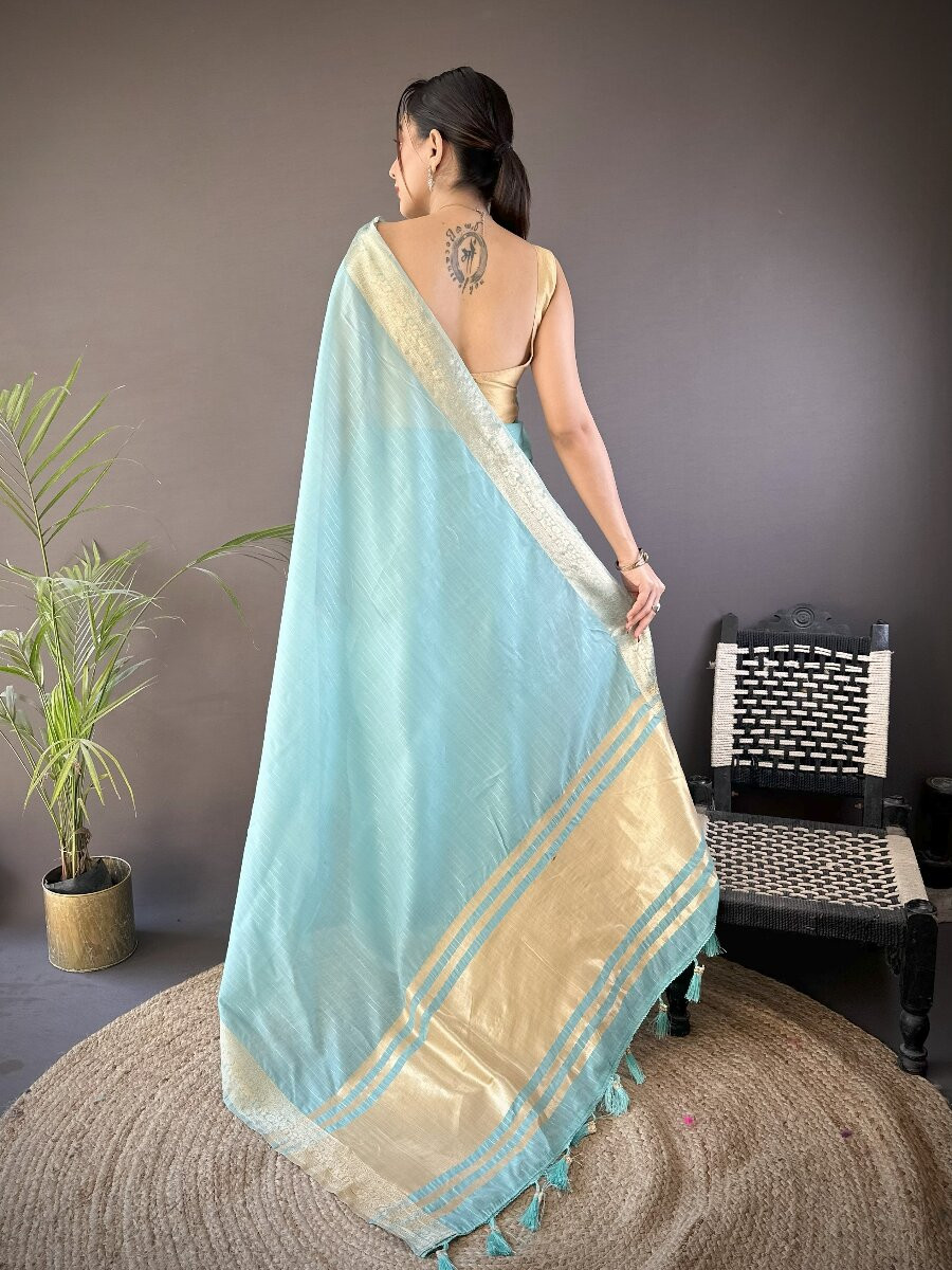 Sky Blue Soft Cotton Zari Wedding Reception Party Festival Heavy Border Sarees