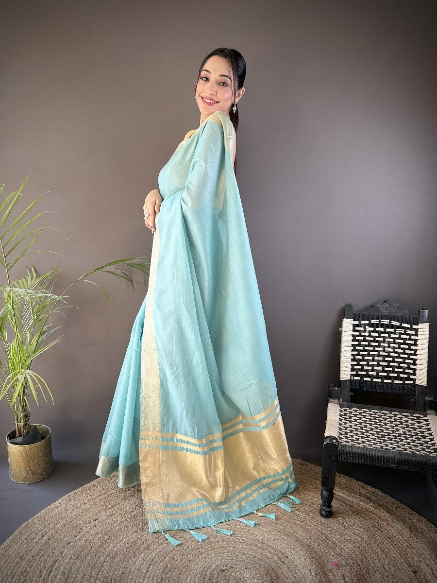 Sky Blue Soft Cotton Zari Wedding Reception Party Festival Heavy Border Sarees