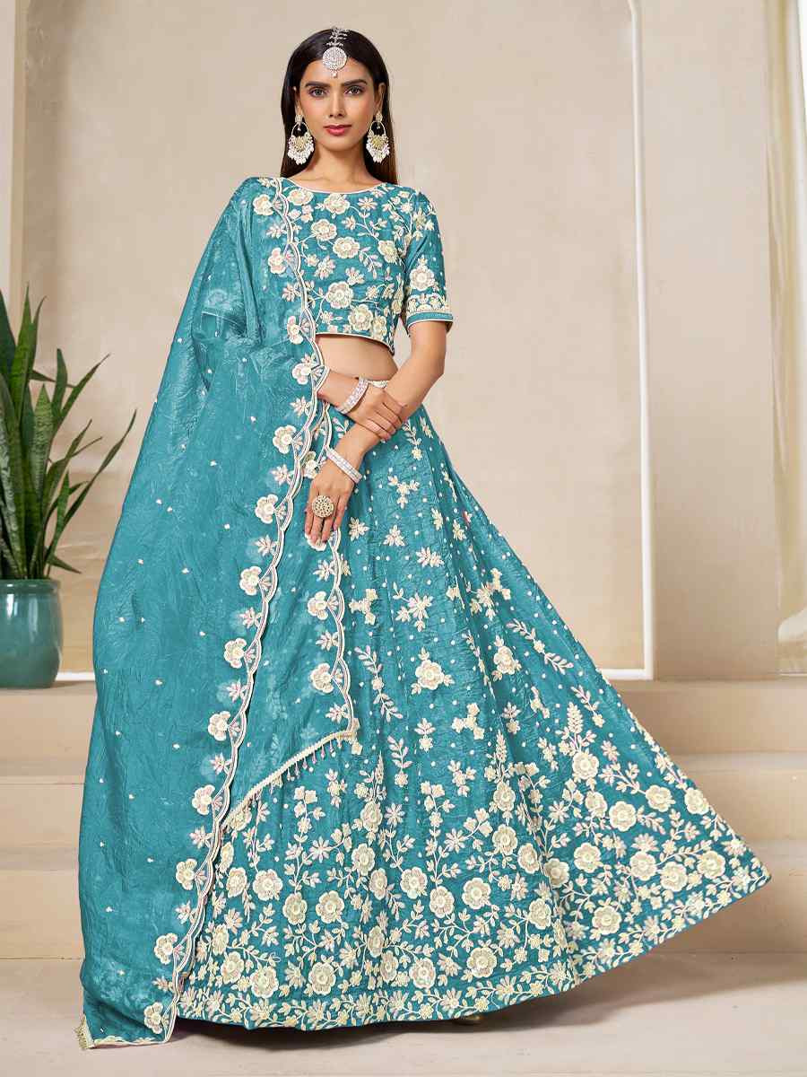 Sky Blue Soft Crush Fill Organza Embroidered Wedding Reception Festival Heavy Border Lehenga Choli