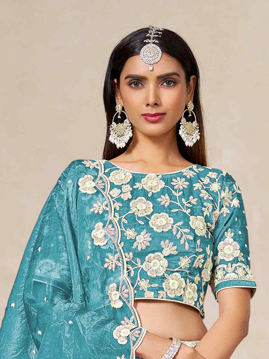 Sky Blue Soft Crush Fill Organza Embroidered Wedding Reception Festival Heavy Border Lehenga Choli