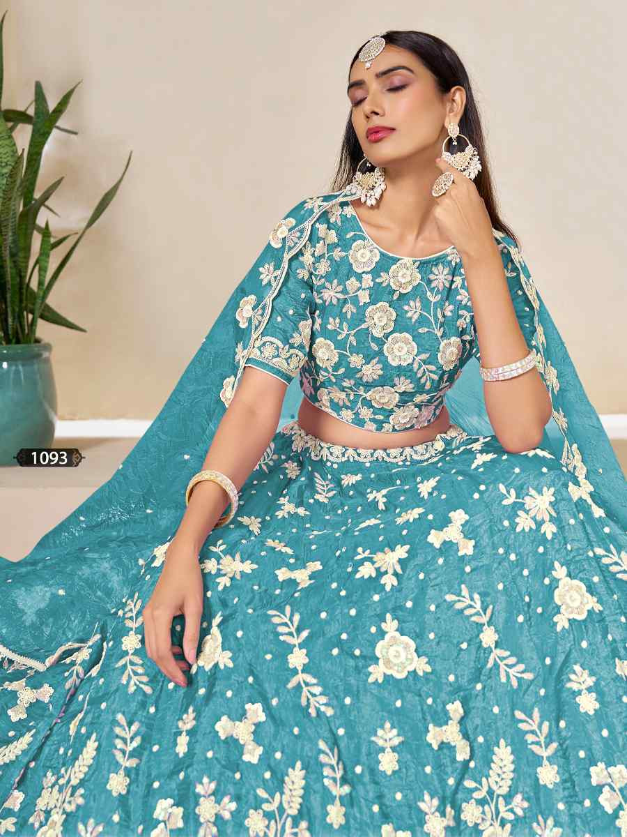 Sky Blue Soft Crush Fill Organza Embroidered Wedding Reception Festival Heavy Border Lehenga Choli