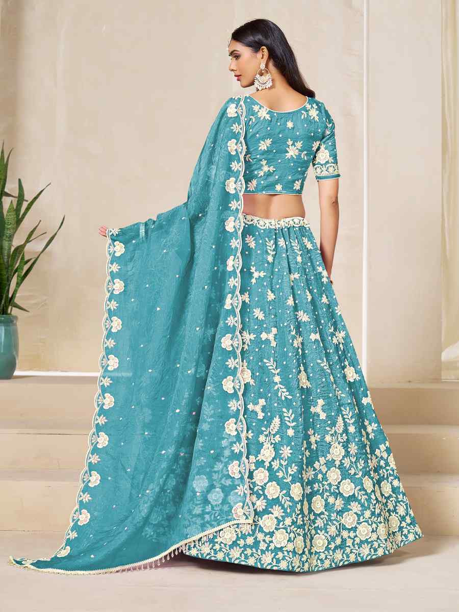 Sky Blue Soft Crush Fill Organza Embroidered Wedding Reception Festival Heavy Border Lehenga Choli