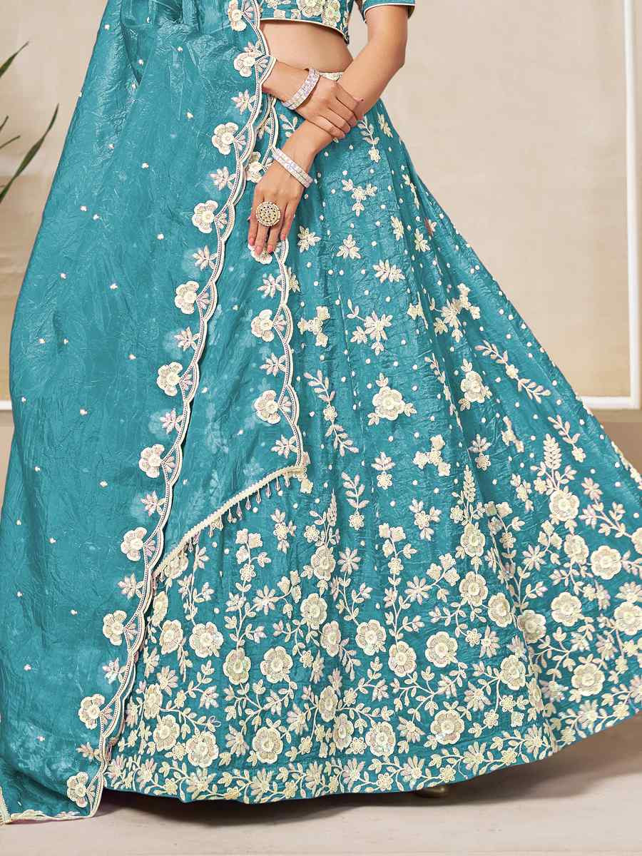Sky Blue Soft Crush Fill Organza Embroidered Wedding Reception Festival Heavy Border Lehenga Choli