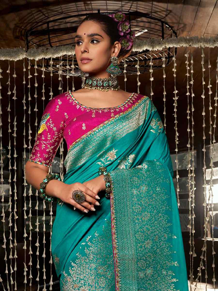 Sky Blue Soft Dola Viscose Silk Handwoven with Embroidered Festival Wedding Fancy Heavy Border Saree