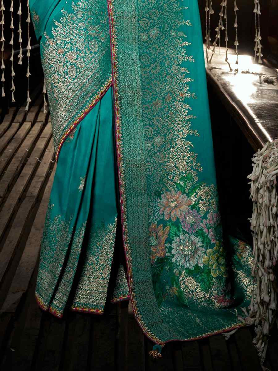 Sky Blue Soft Dola Viscose Silk Handwoven with Embroidered Festival Wedding Fancy Heavy Border Saree