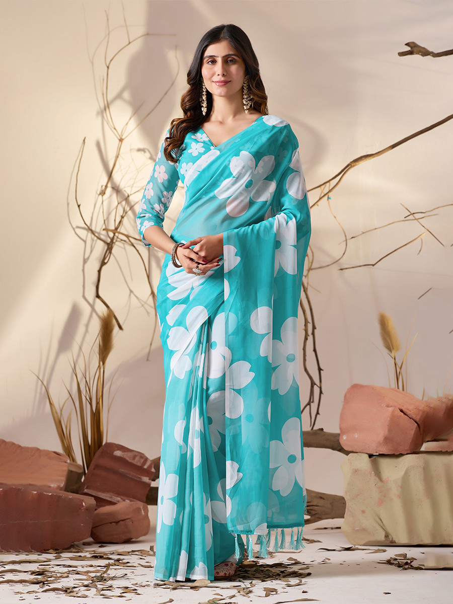 Sky Blue Soft Georgette Printed Wedding Reception Party Festival Casual Heavy Border Sarees
