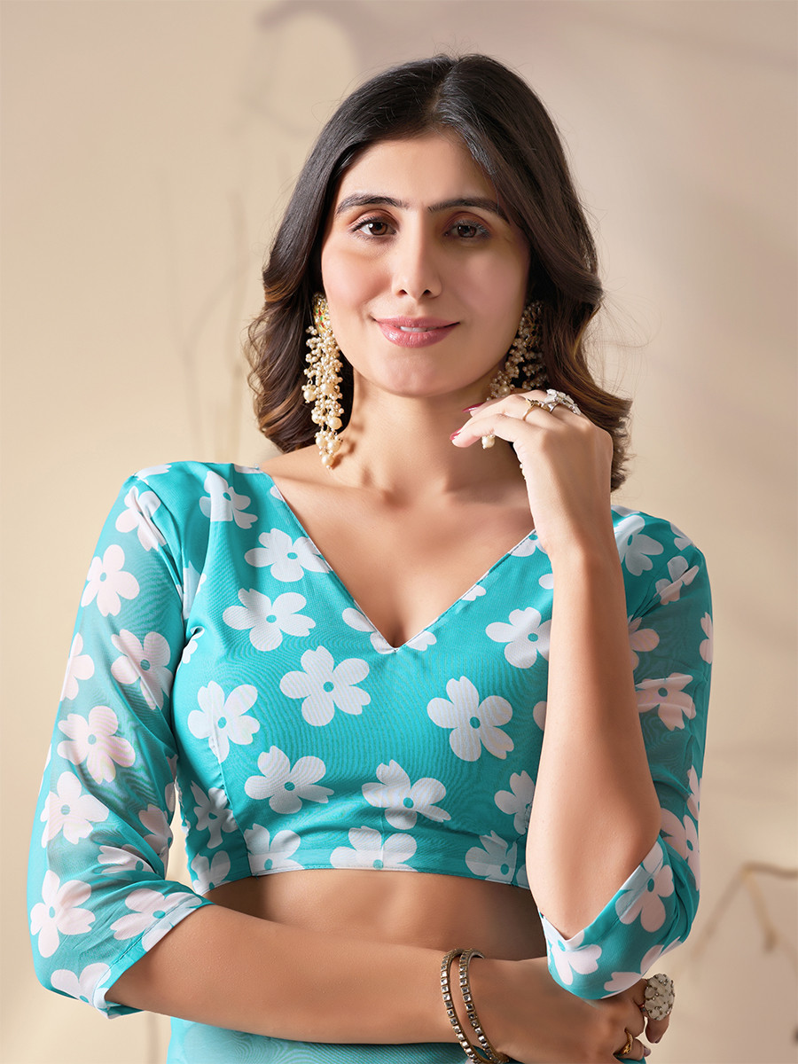 Sky Blue Soft Georgette Printed Wedding Reception Party Festival Casual Heavy Border Sarees