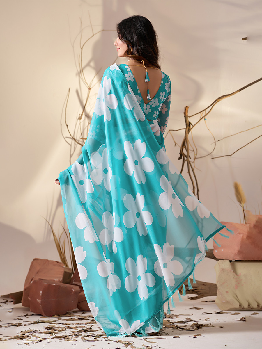 Sky Blue Soft Georgette Printed Wedding Reception Party Festival Casual Heavy Border Sarees