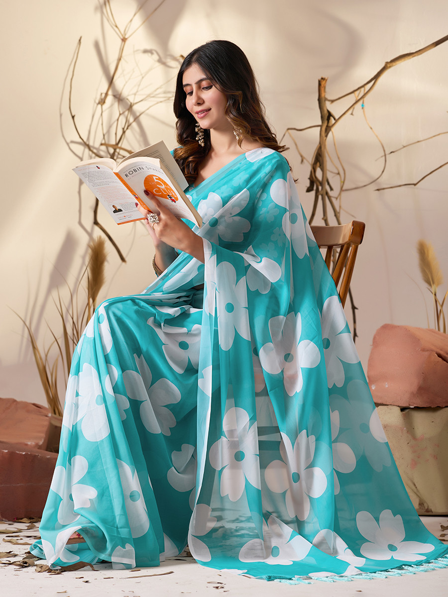 Sky Blue Soft Georgette Printed Wedding Reception Party Festival Casual Heavy Border Sarees