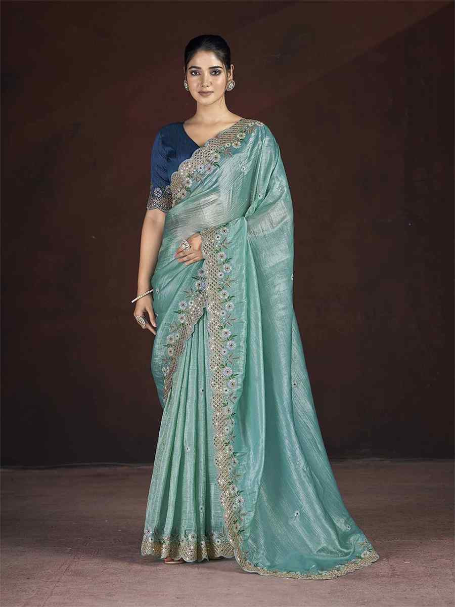 Sky Blue Soft Gold Crush Embroidered Festival Wedding Fancy Heavy Border Saree