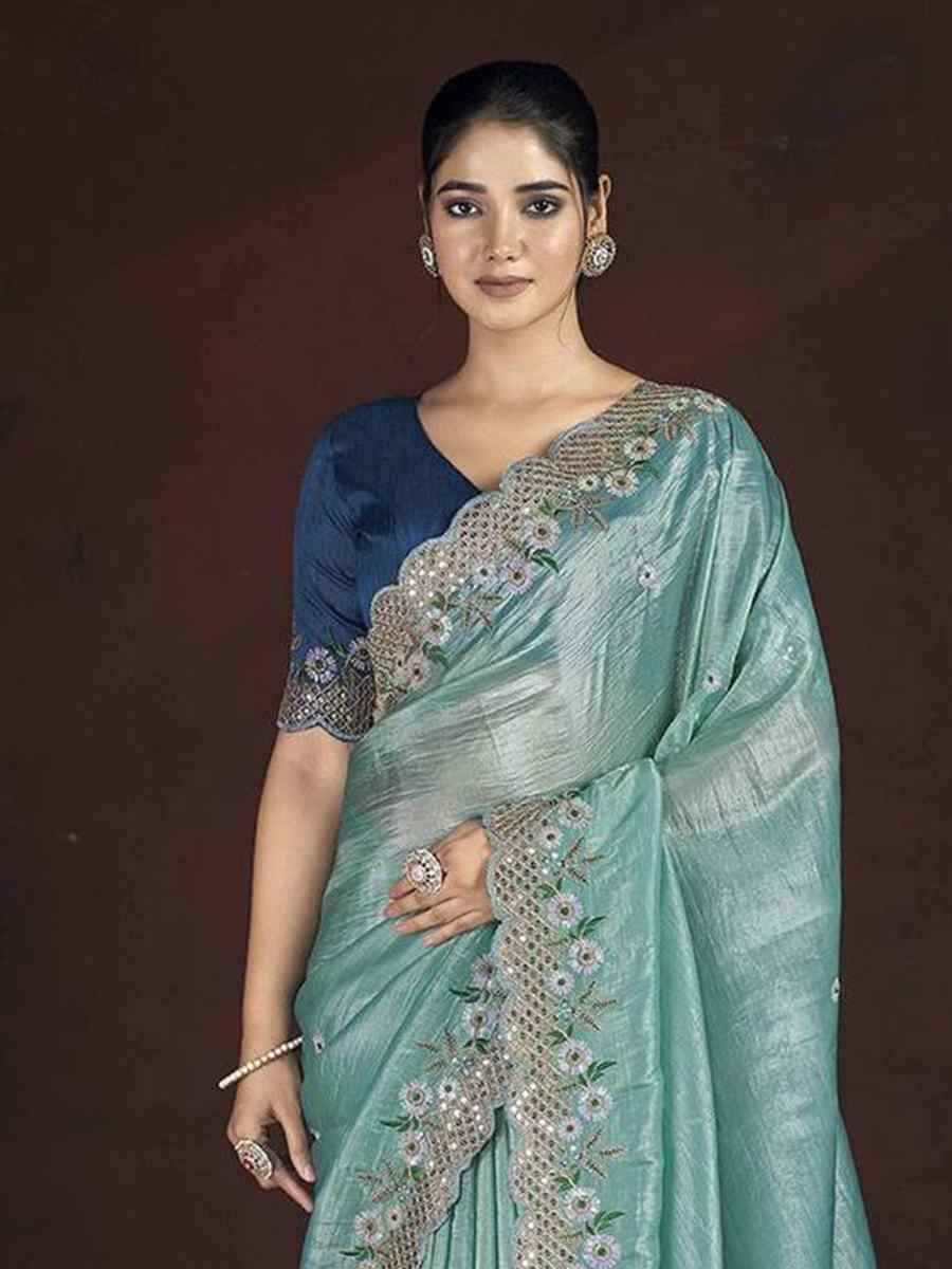 Sky Blue Soft Gold Crush Embroidered Festival Wedding Fancy Heavy Border Saree