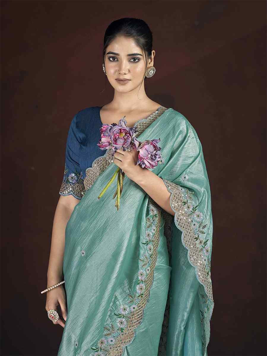 Sky Blue Soft Gold Crush Embroidered Festival Wedding Fancy Heavy Border Saree