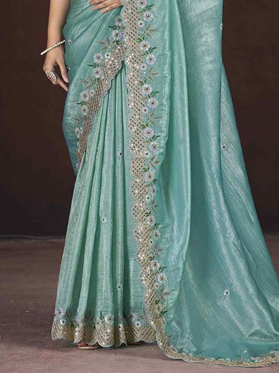 Sky Blue Soft Gold Crush Embroidered Festival Wedding Fancy Heavy Border Saree
