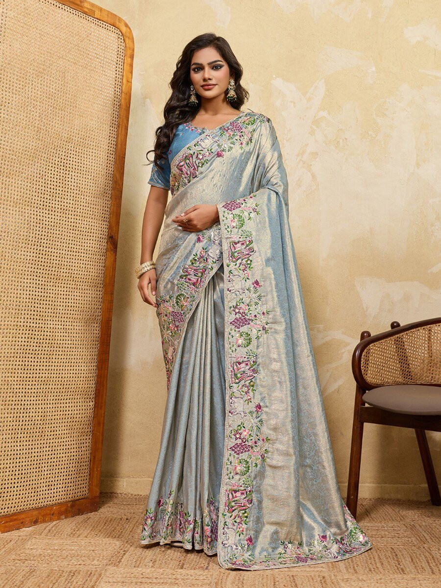 Sky Blue Soft Kanjiwarm Silk Embroidery Wedding Reception Party Festival Casual Heavy Border Sarees