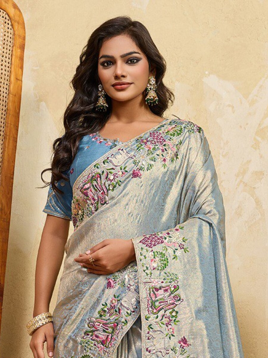 Sky Blue Soft Kanjiwarm Silk Embroidery Wedding Reception Party Festival Casual Heavy Border Sarees