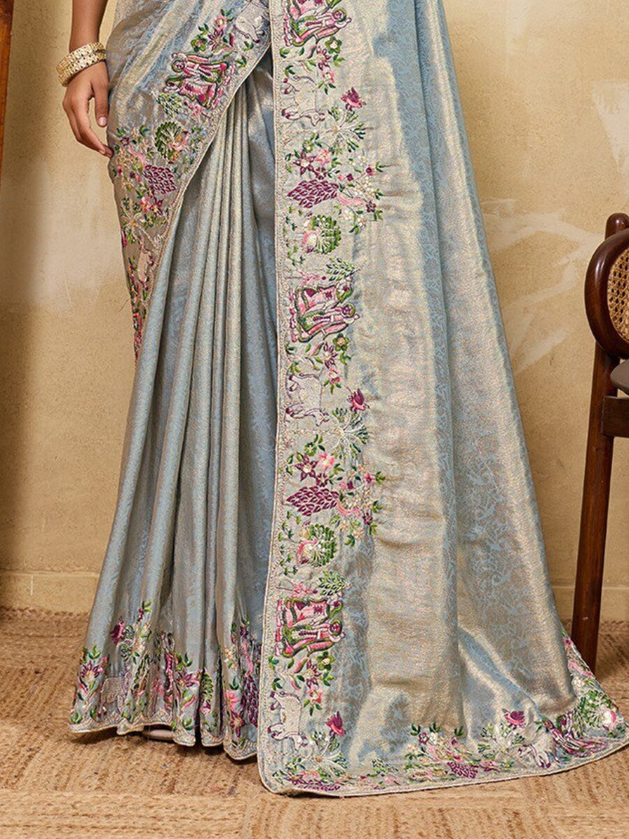 Sky Blue Soft Kanjiwarm Silk Embroidery Wedding Reception Party Festival Casual Heavy Border Sarees