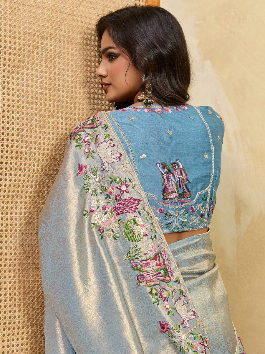 Sky Blue Soft Kanjiwarm Silk Embroidery Wedding Reception Party Festival Casual Heavy Border Sarees