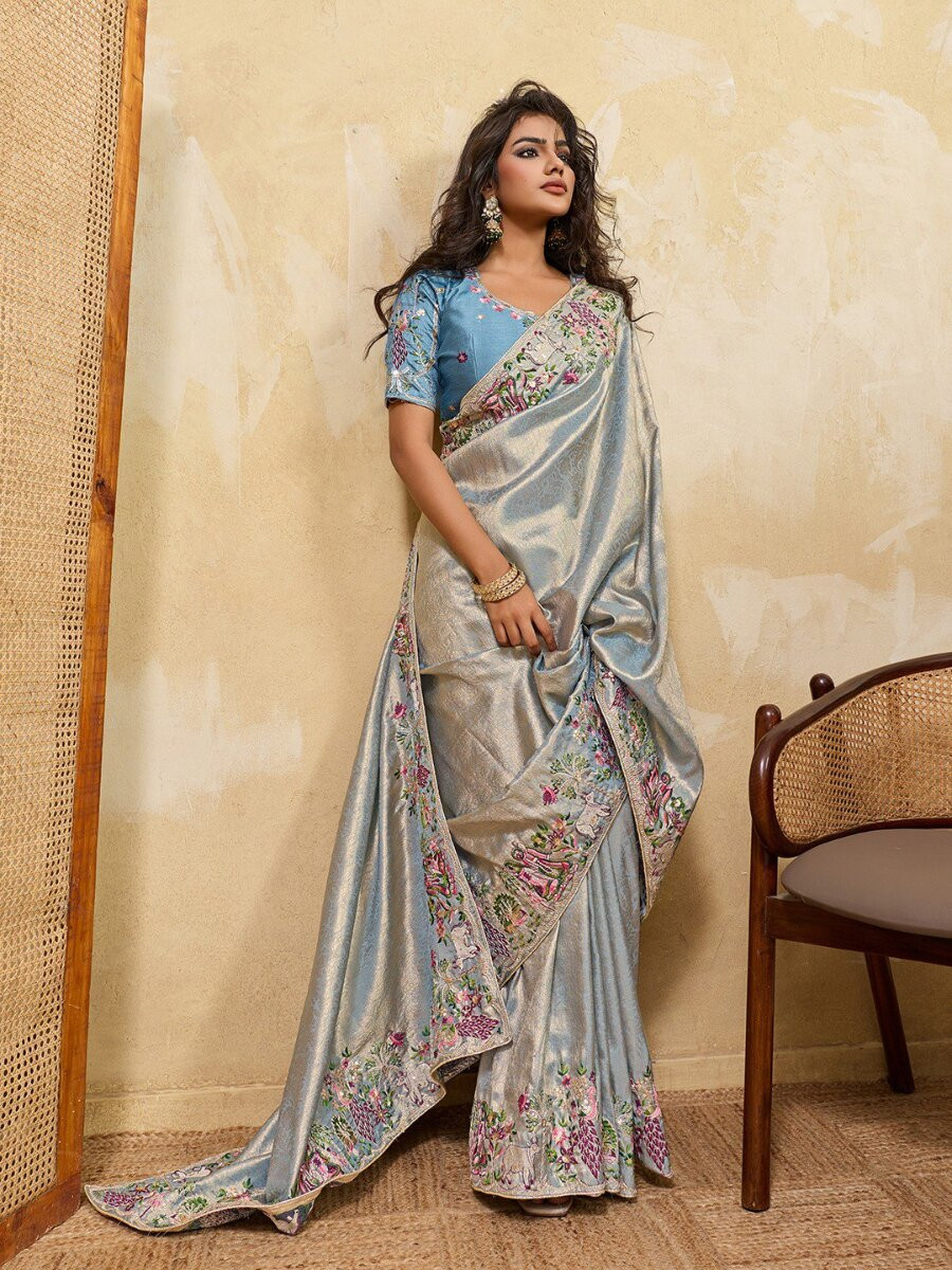Sky Blue Soft Kanjiwarm Silk Embroidery Wedding Reception Party Festival Casual Heavy Border Sarees