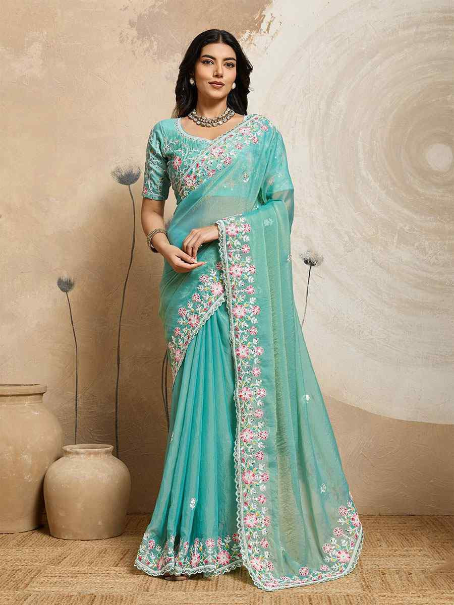 Sky Blue Soft Moss Chiffon Embroidery Bridal Reception Festival Wedding Fancy Heavy Border Sarees