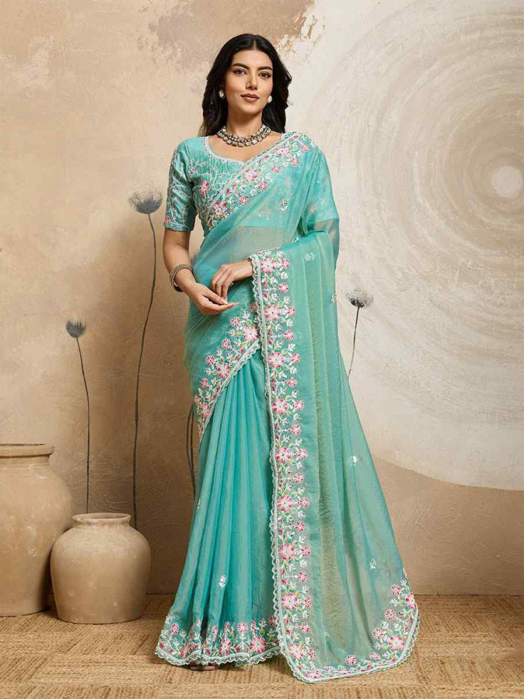 Image of Sky Blue Soft Moss Chiffon Embroidery Bridal Reception Festival Wedding Fancy Heavy Border Sarees