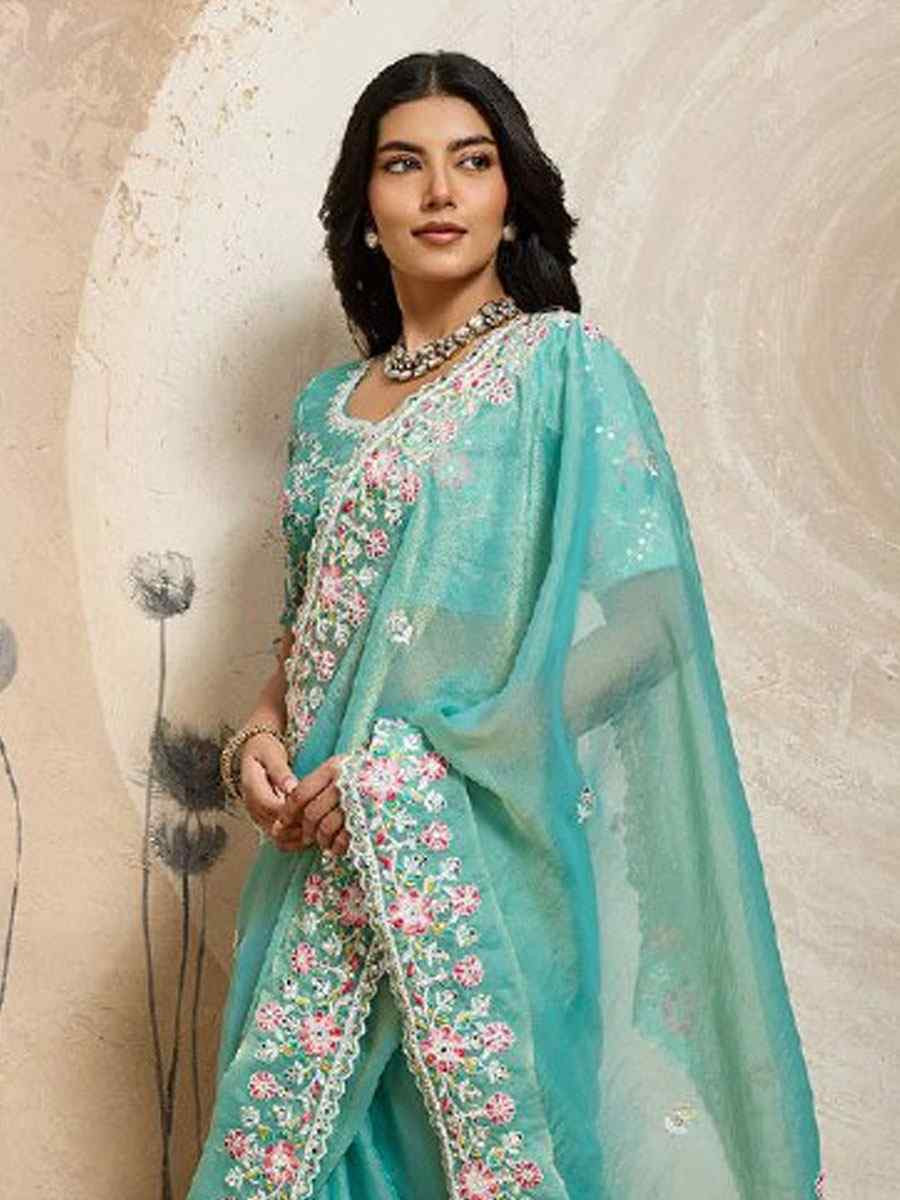 Sky Blue Soft Moss Chiffon Embroidery Bridal Reception Festival Wedding Fancy Heavy Border Sarees