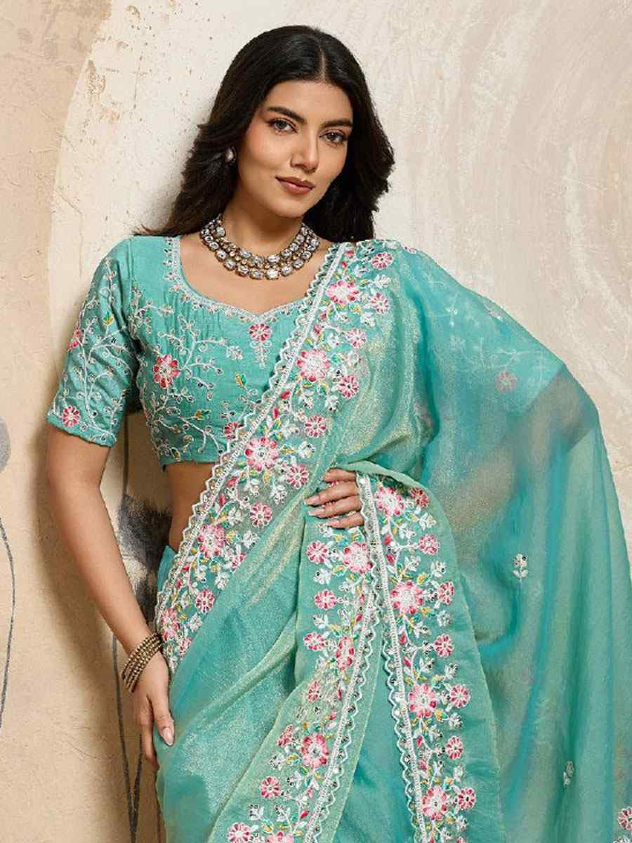 Sky Blue Soft Moss Chiffon Embroidery Bridal Reception Festival Wedding Fancy Heavy Border Sarees