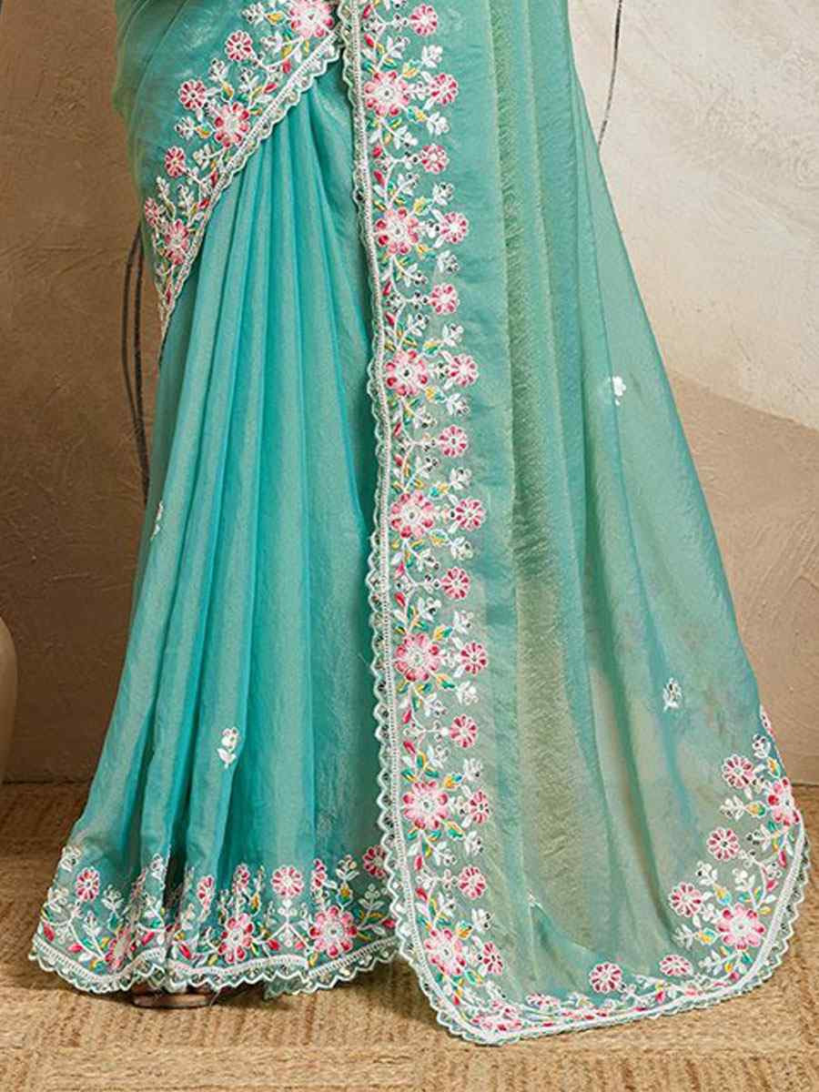 Sky Blue Soft Moss Chiffon Embroidery Bridal Reception Festival Wedding Fancy Heavy Border Sarees