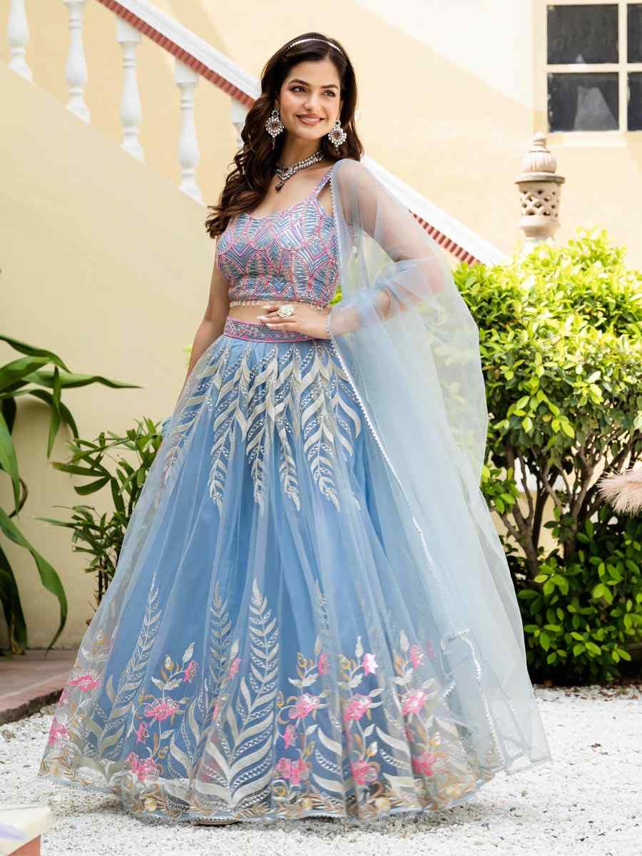 Sky Blue Soft Net Embroidered Wedding Reception Festival Heavy Border Lehenga Choli