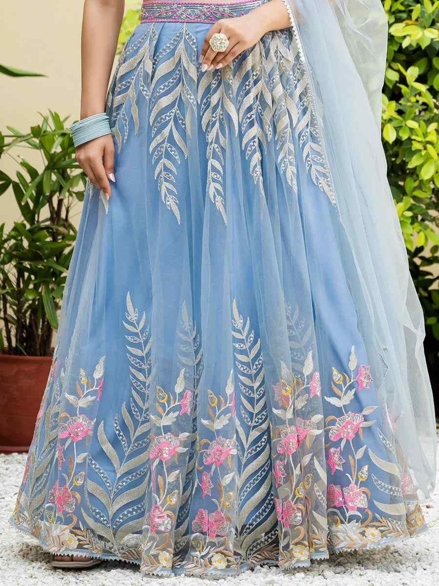 Sky Blue Soft Net Embroidered Wedding Reception Festival Heavy Border Lehenga Choli