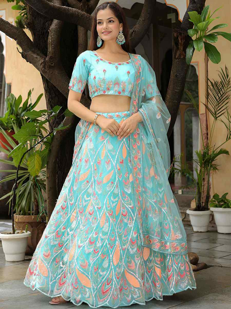 Sky Blue Soft Net Embroidered Festival Wedding Party Reception Heavy Border Lehenga Choli