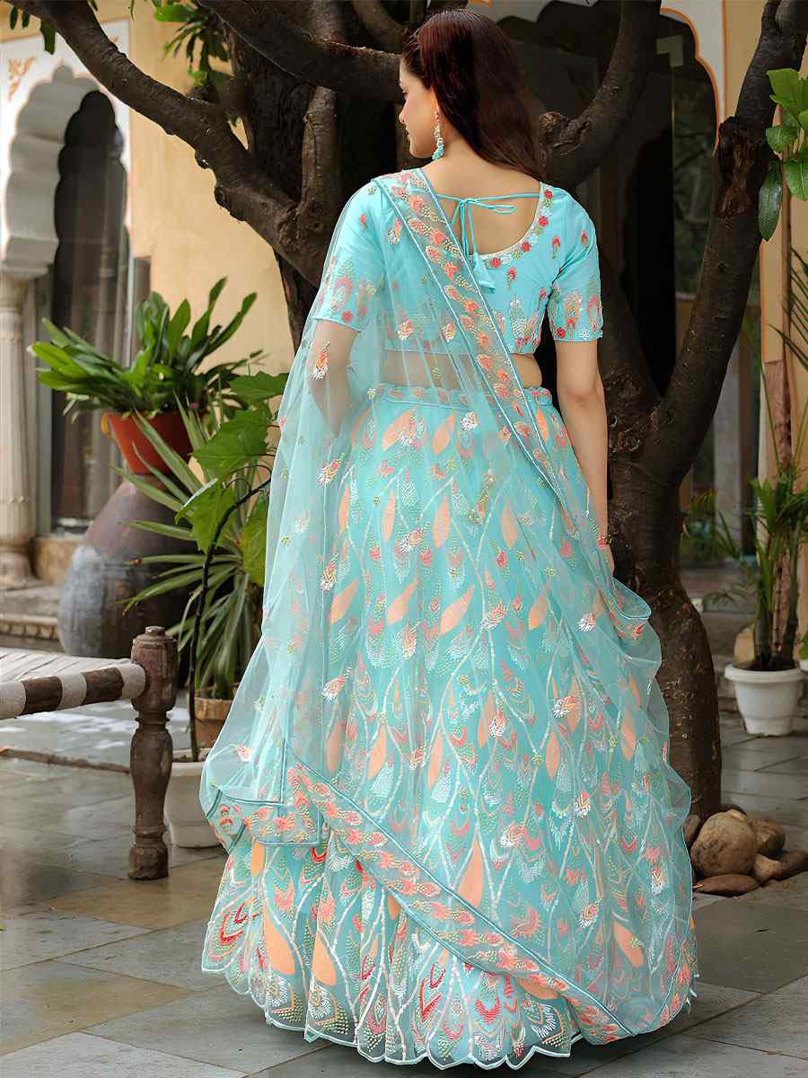Sky Blue Soft Net Embroidered Festival Wedding Party Reception Heavy Border Lehenga Choli