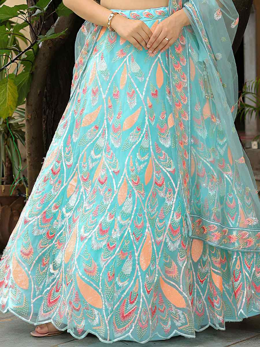 Sky Blue Soft Net Embroidered Festival Wedding Party Reception Heavy Border Lehenga Choli