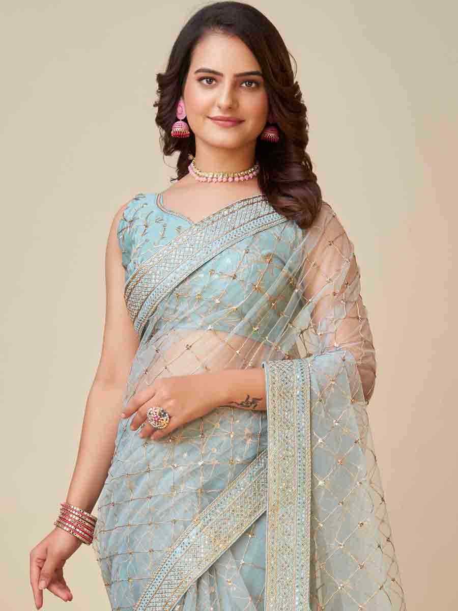 Sky Blue Soft Net Embroidered Party Festival Classic Style Saree