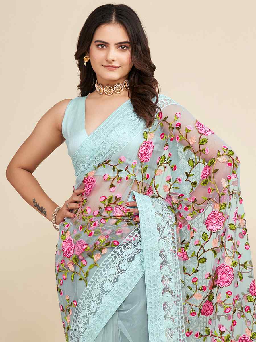 Sky Blue Soft Net Embroidered Party Festival Classic Style Saree