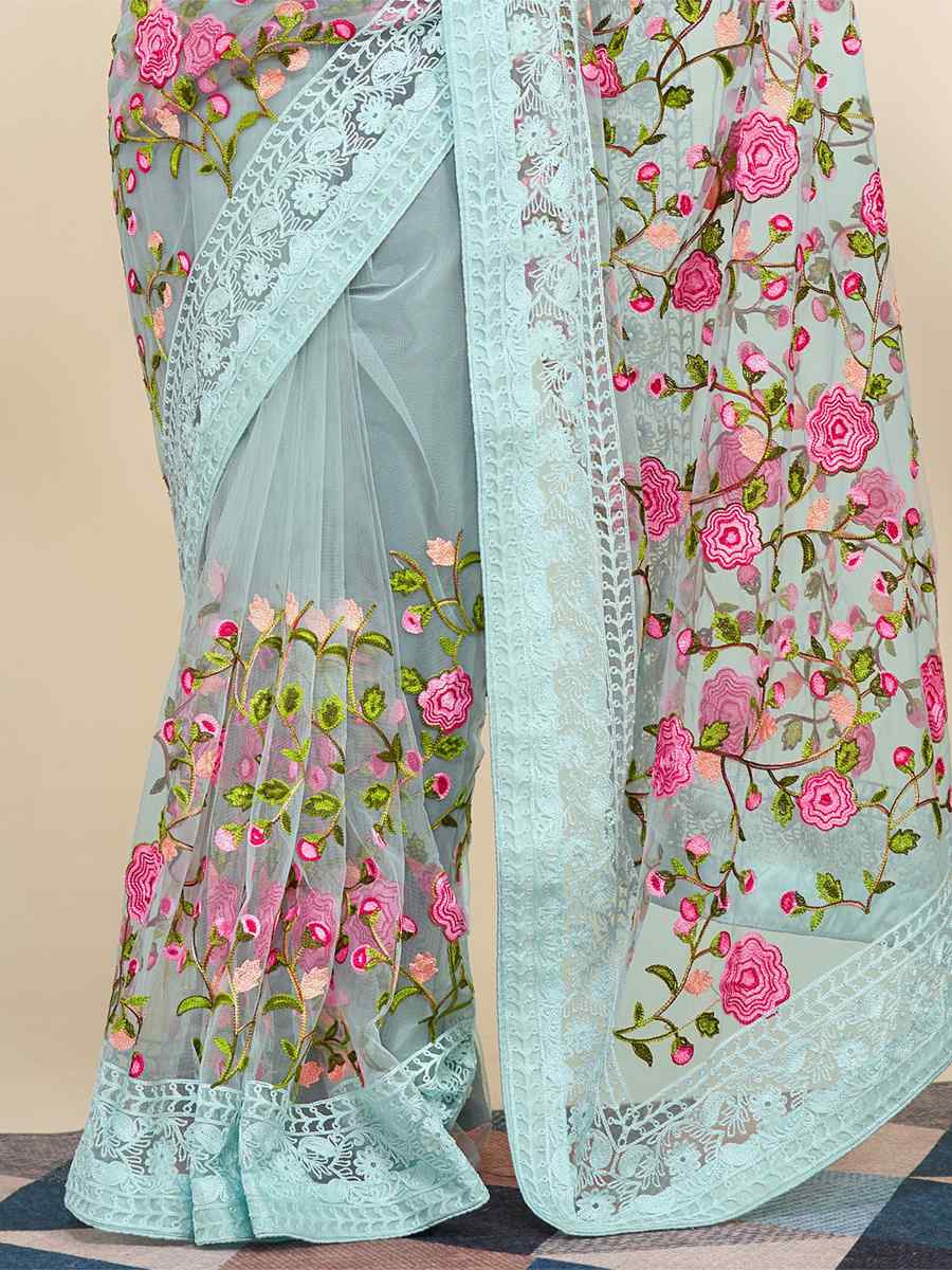 Sky Blue Soft Net Embroidered Party Festival Classic Style Saree